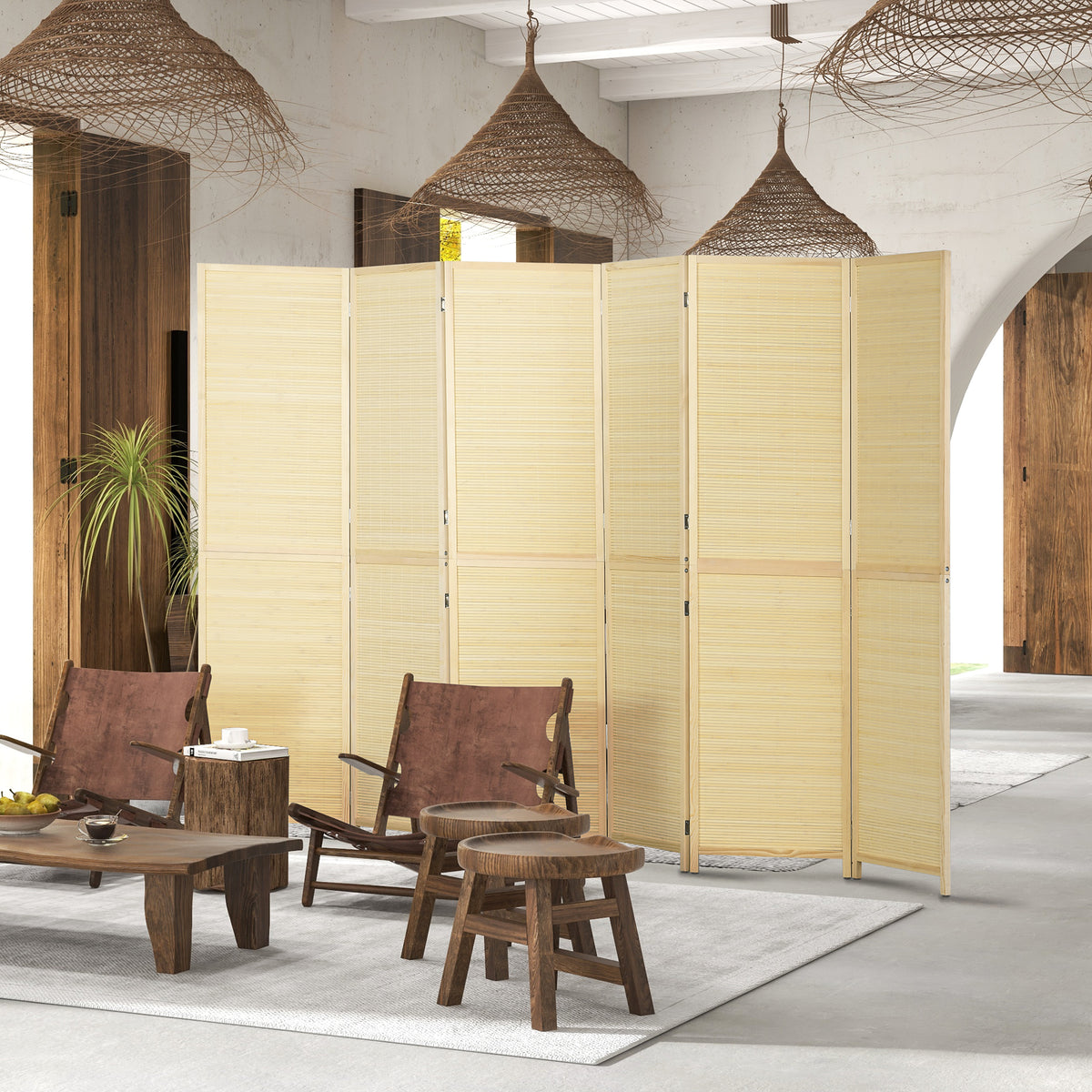 Paravent en bois de bambou 6 panneaux 270 x 180 cm séparateur de pièce cloison de séparation pliable - naturel-1