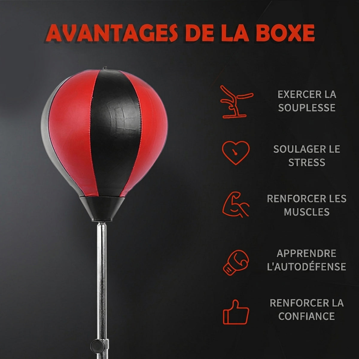 Sac de Frappe sur Pied Punching ball sur pied réglable en hauteur 126-144 cm avec gants, pompe et base de lestage pour adolescents et débutants noir et rouge-3