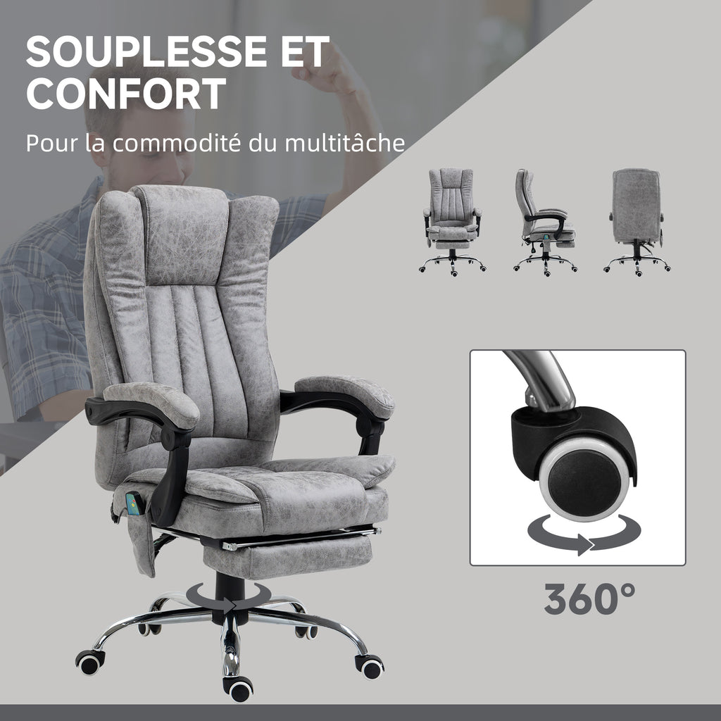 Fauteuil de bureau massant et chauffant, chaise de bureau, chaise ergonomique avec hauteur réglable, dossier inclinable, repose-pied et télécommande filaire, pivotant à 360°, gris-4