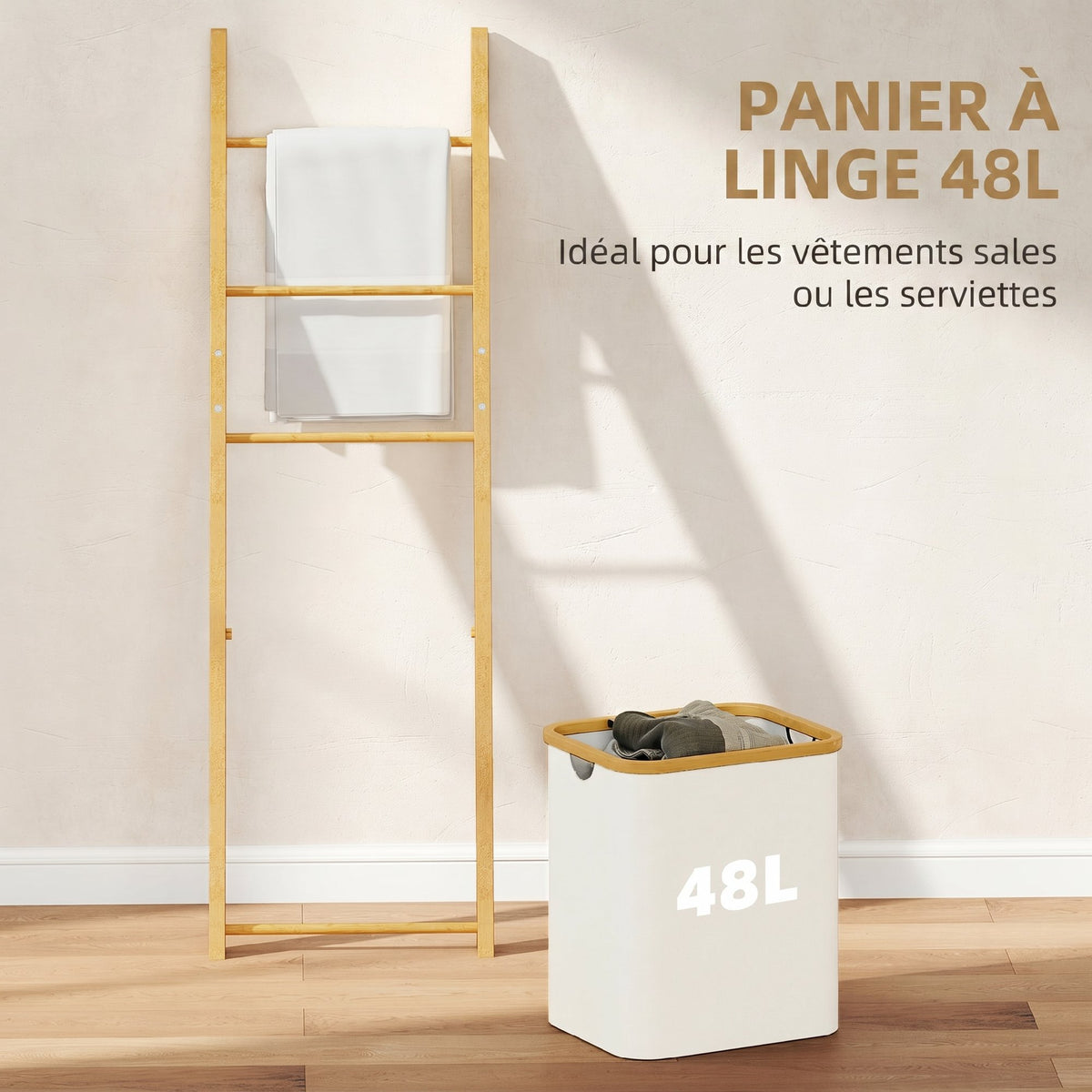 Porte-Serviettes Bambou avec Panier à Linge, Échelle Porte-Serviettes avec 1 Panier à Linge, 43 x 35 x 133 cm, Crème-4