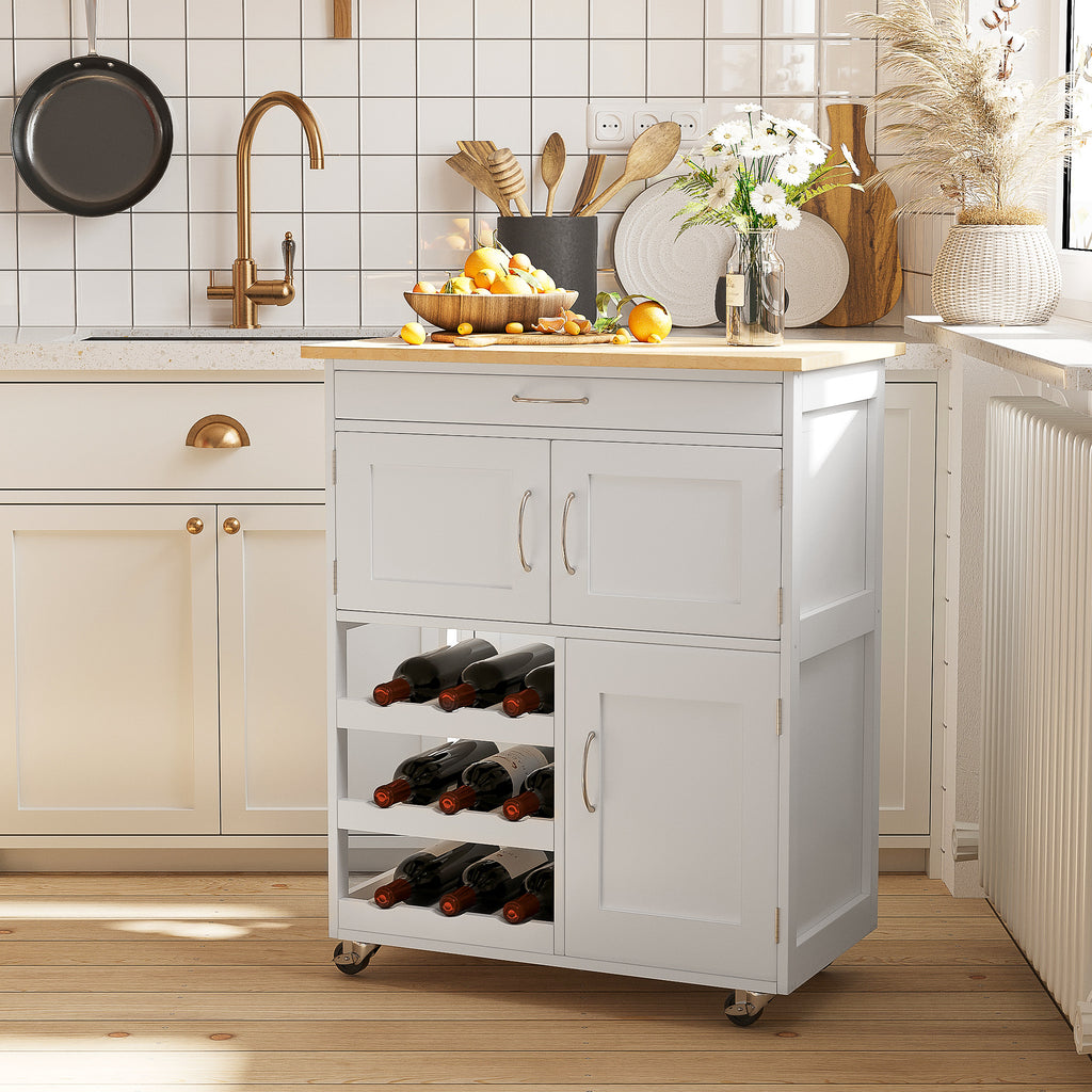 Desserte de cuisine multi rangements 2 placards tiroir casier 9 bouteilles MDF blanc plateau bois caoutchouc-1