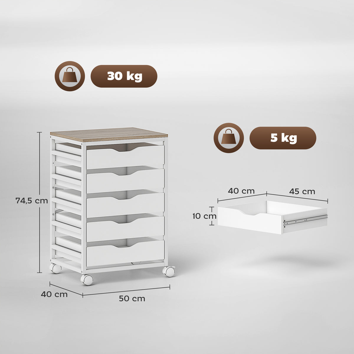 Caisson bureau mobile, meuble rangement sur roulettes bois avec 5 tiroirs, poignées encochées, 50 x 40 x 74,5 cm , blanc-2