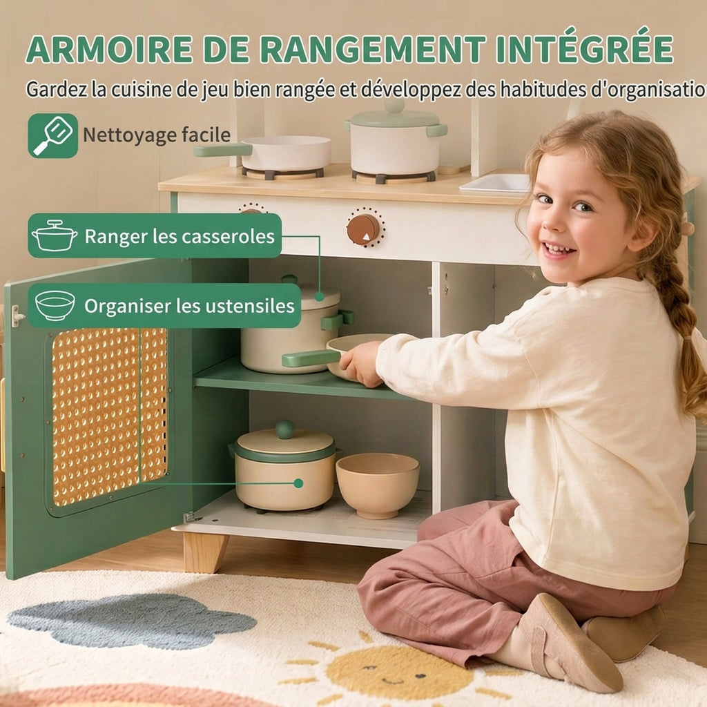 Cuisine Enfant en Bois 19 Accessoires, Cafetière, Machine à Glaçons, Micro-Ondes, Placard, 3-6 Ans, 61x27x79,7cm, Vert-6