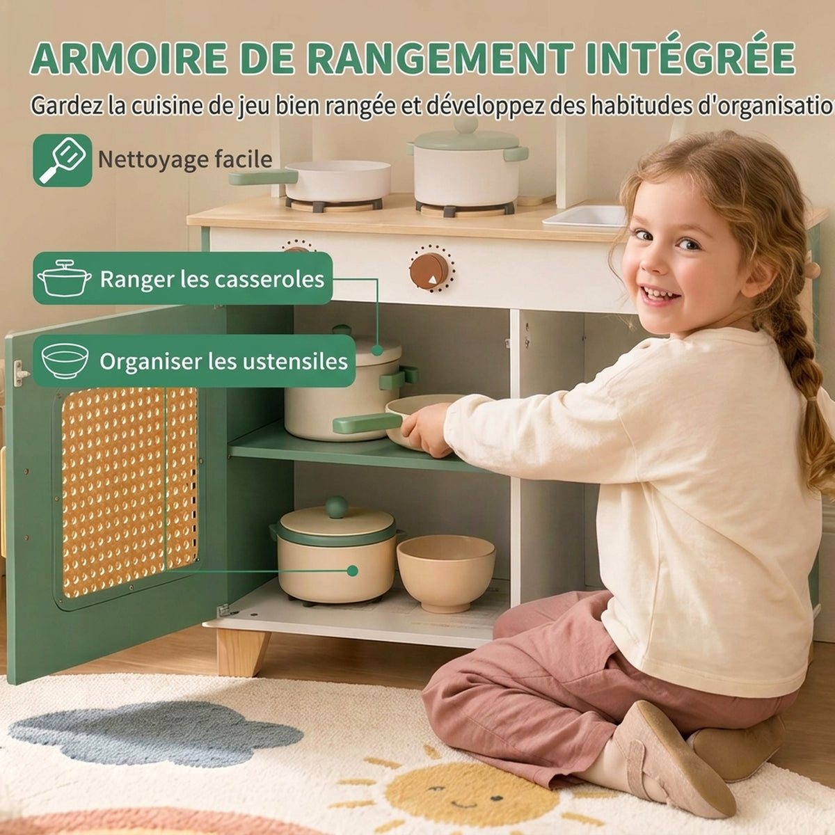 Cuisine Enfant en Bois 19 Accessoires, Cafetière, Machine à Glaçons, Micro-Ondes, Placard, 3-6 Ans, 61x27x79,7cm, Vert-6