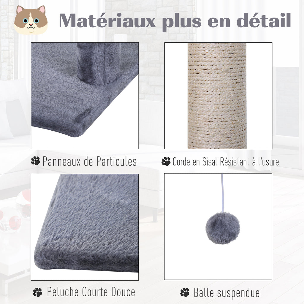 Arbre à chat 3 griffoirs grattoirs sisal naturel plateforme hamac et boule suspendue dim. 50L x 36l x 70H cm peluche courte gris-5