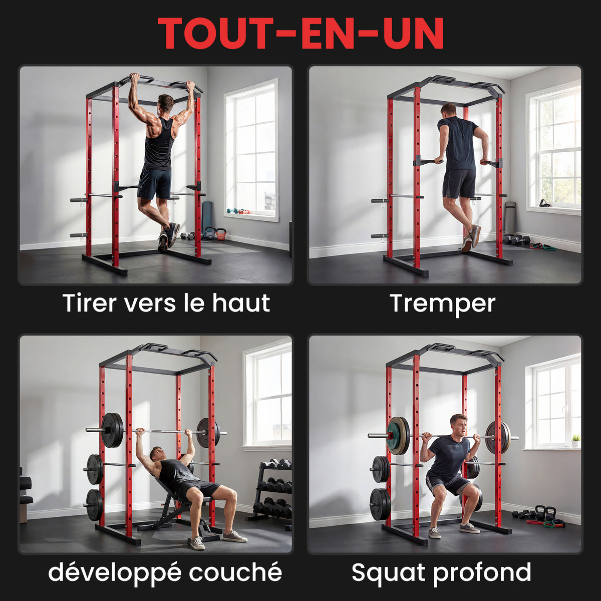 Station de Musculation Multifonction Acier Charge 460 kg, Barre de Traction, Rack de Squat, Dips, 160x112x215cm, Rouge-3