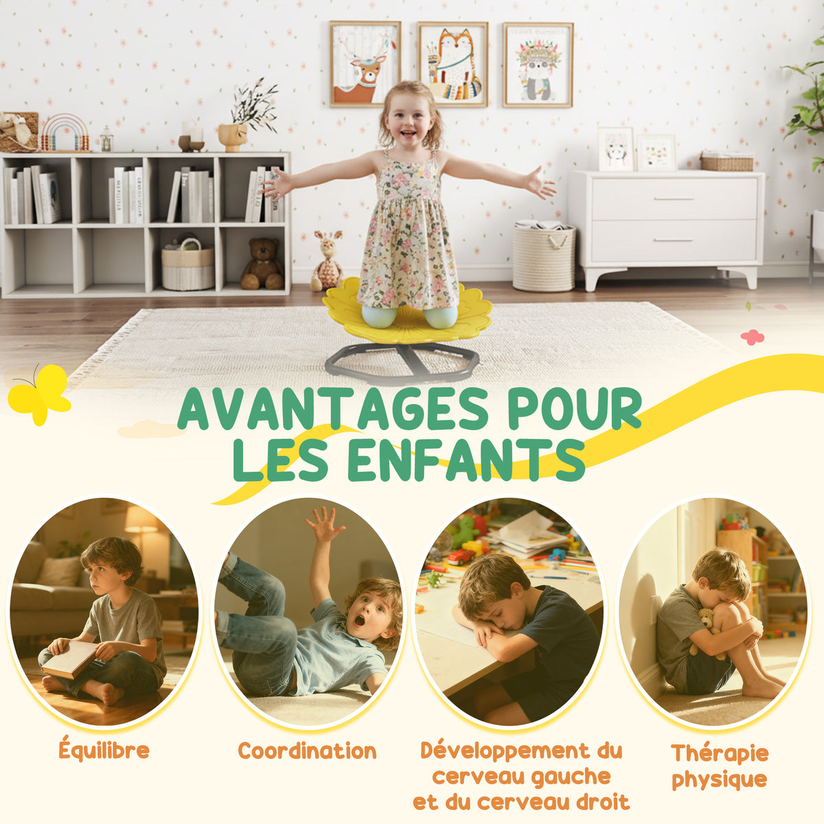 Chaise pivotante sensorielle pour enfant, siège pivotant pour l'entraînement de l'équilibre et de la coordination, jaune-3