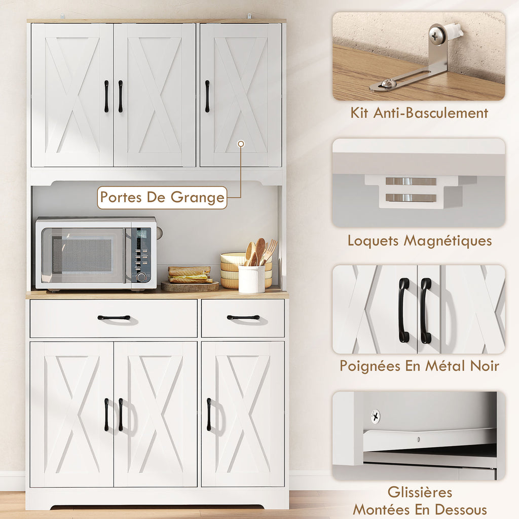 Buffet haut cuisine armoire de cuisine avec 6 portes 2 tiroirs plan de travail étagères réglables 94x39,5x175,2cm blanc-5