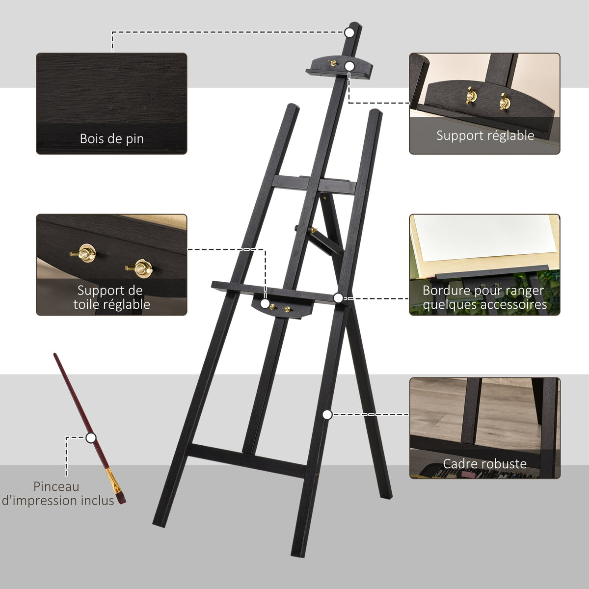 Chevalet d'artiste sur pieds dim. 51,5L x 71,5l x 134,5H cm inclinaison réglable 90° max. bois de pin-4
