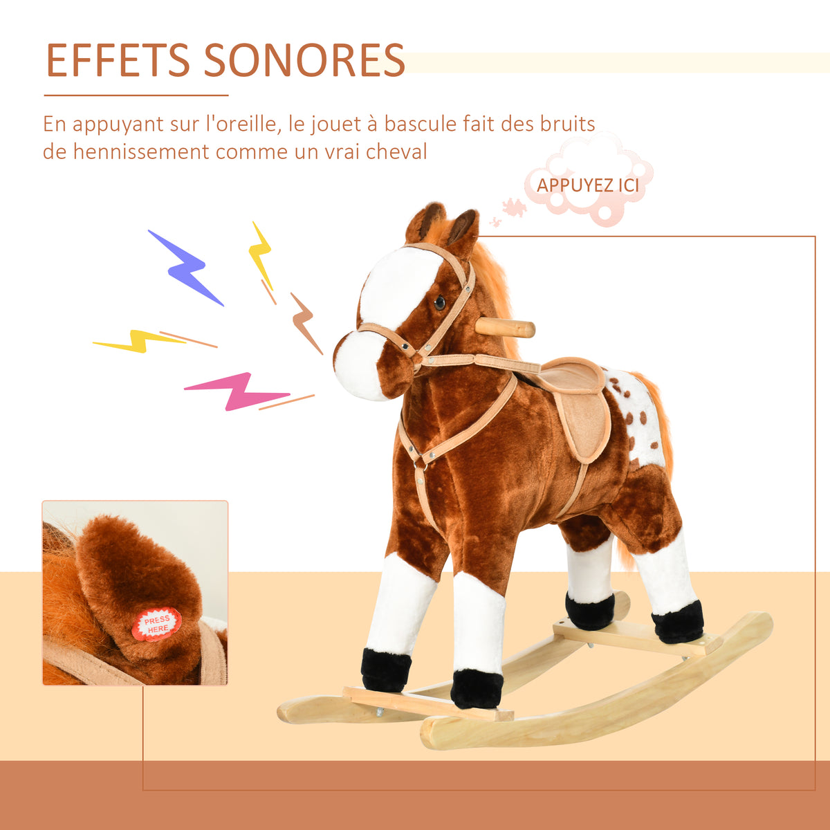 Cheval à Bascule en Bois et Peluche pour Enfant Cheval de Cowboy peluche Pour Enfants de 3-6 Ans Jouet balançoire avec Effet sonore Selle rênes Marron Blanc-4