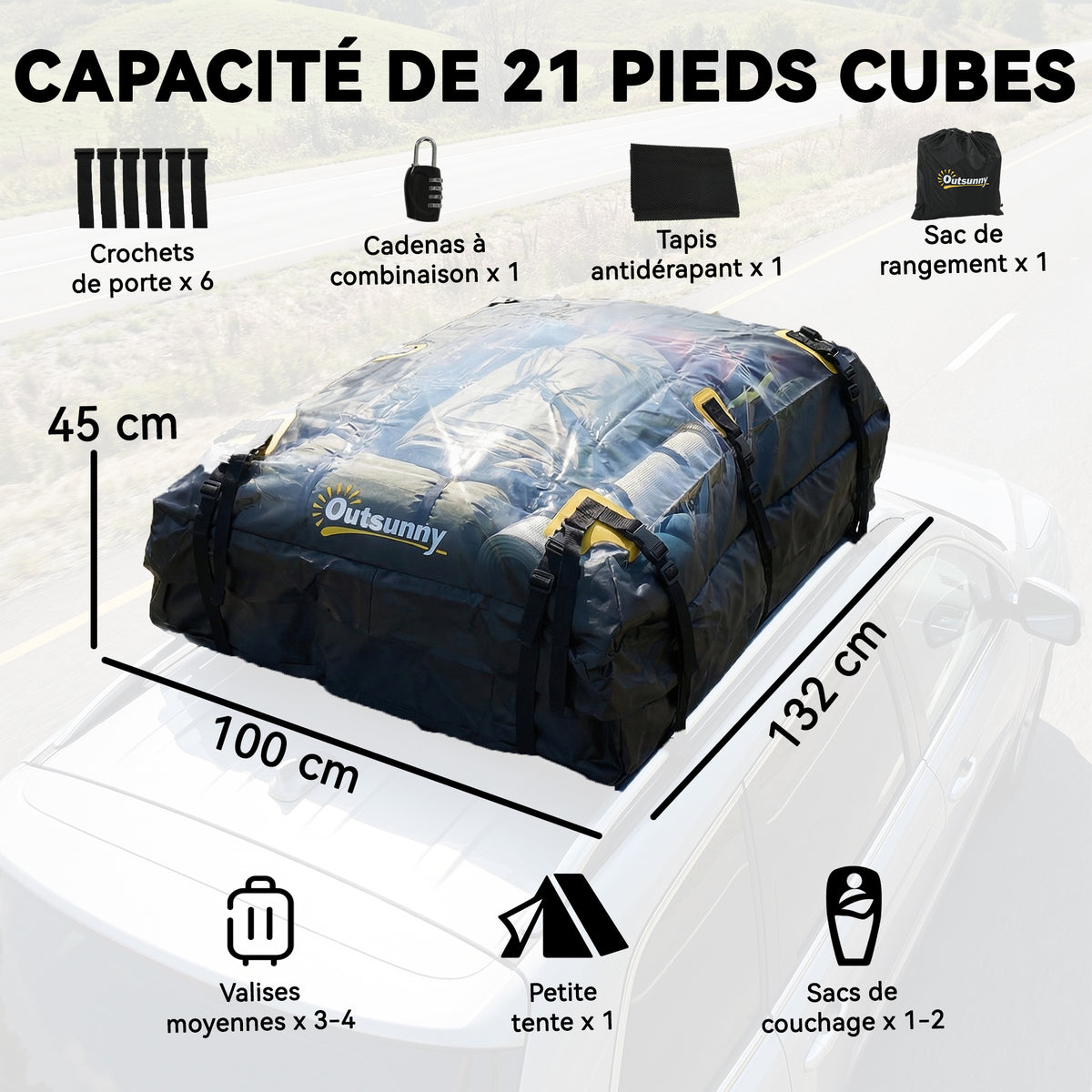 Sac de Toit Voiture Étanche Coffre de Toit Souple Universel 10 Sangles et Cadenas Auto SUV et Camping en Famille Noir-2