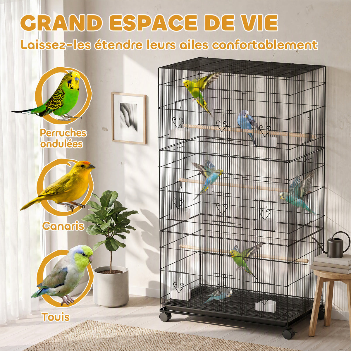 Grande Cage à Oiseaux sur Roulettes en Acier, Plateau Amovible, Portes, Perchoirs, Mangeoires, 77x46,5x141cm, Noir-3