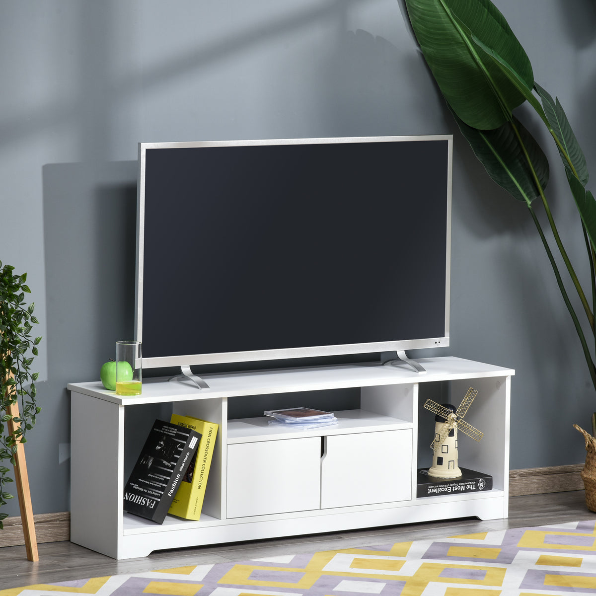 Meuble TV Banc TV Design Contemporain - 3 niches, Placard Double Porte - dim. 120L x 30l x 41H cm - Panneaux Particules Blanc-1