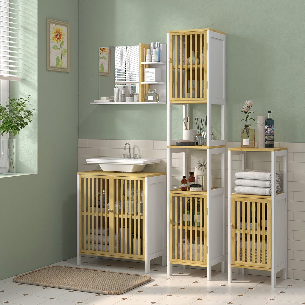 Meuble sous vasque 2 portes avec étagère réglable armoire de rangement pour lavabo 60 x 30 x 70 cm MDF et bambou-1