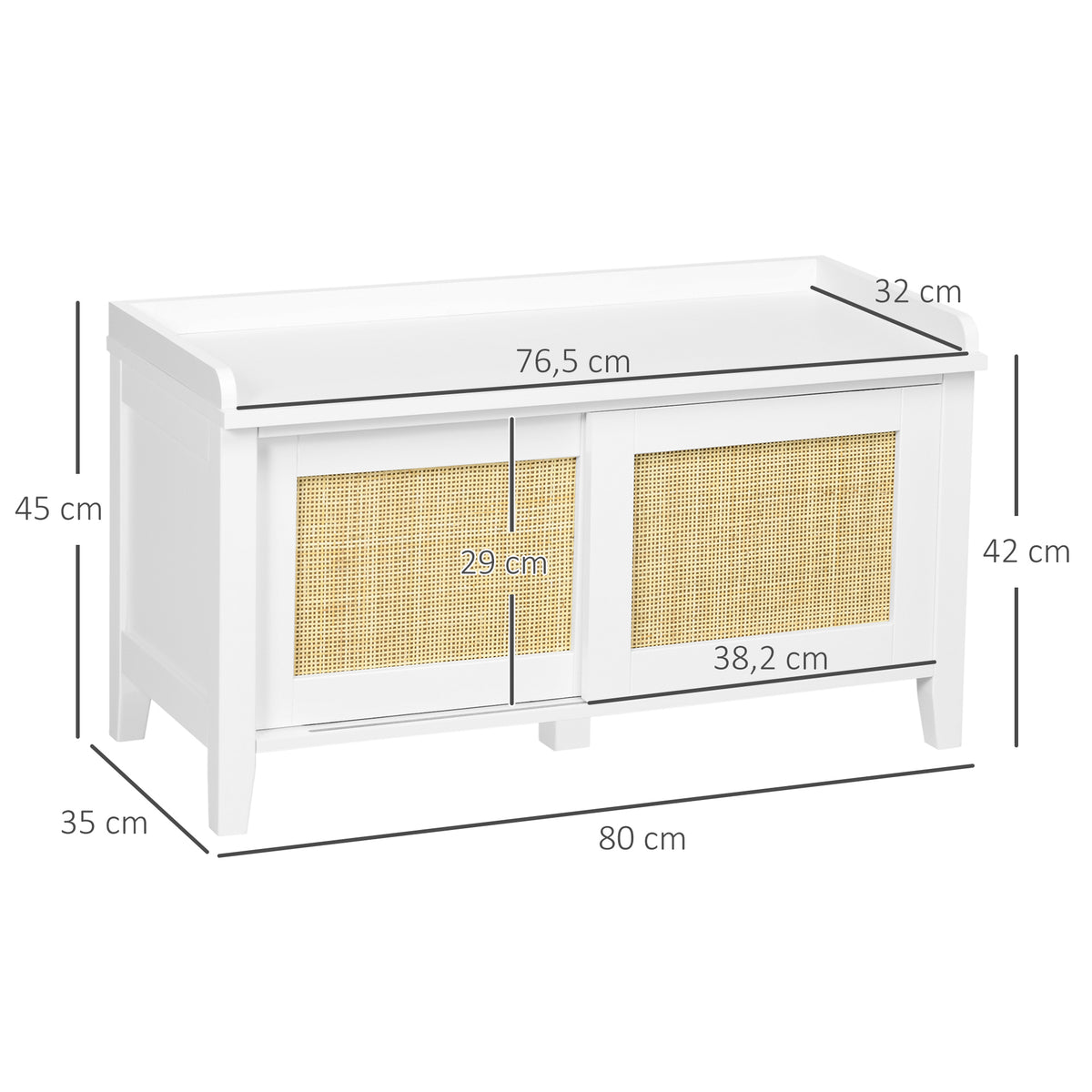 Banc à chaussures meuble de rangement avec porte coulissante et façades rotin tissé 80 x 35 x 45 cm blanc-2