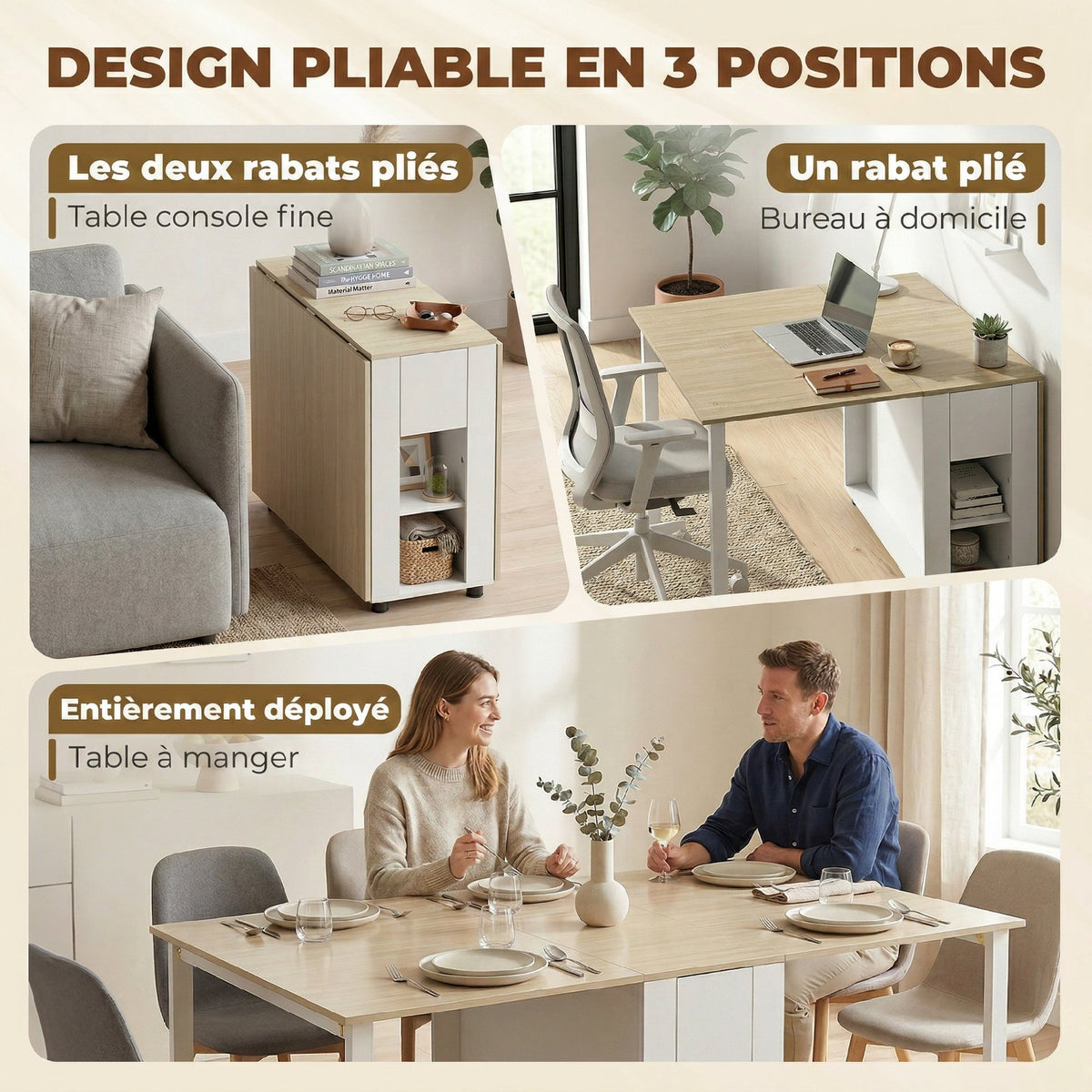 Table à manger pliante pour 6 personnes 39-168 cm, table de cuisine avec 2 tiroirs et 4 étagères ouvertes, blanc-4