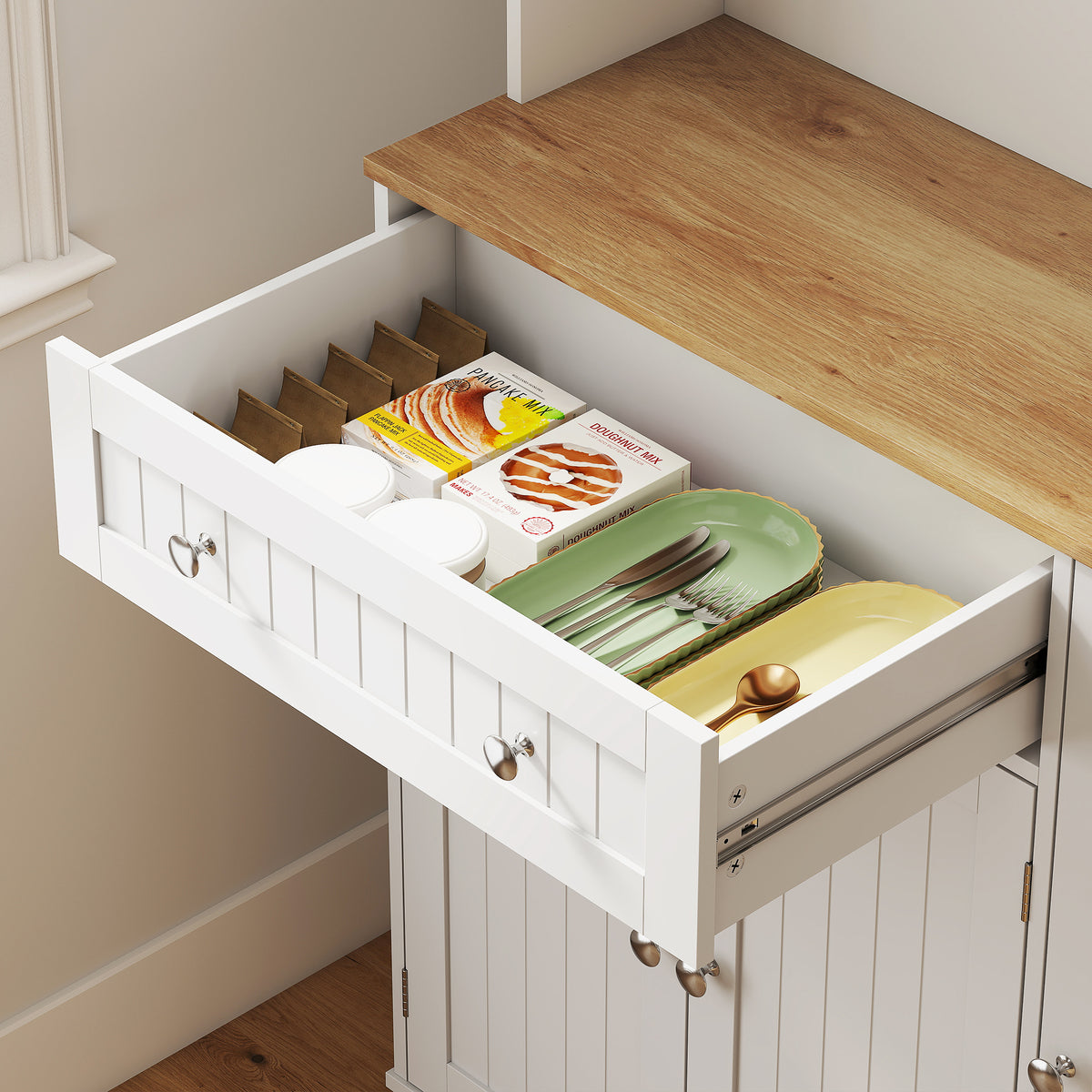 Buffet haut cuisine, armoire de cuisine, station de charge, 6 portes, plan de travail, porte-épices, 100x40x173cm, blanc-8
