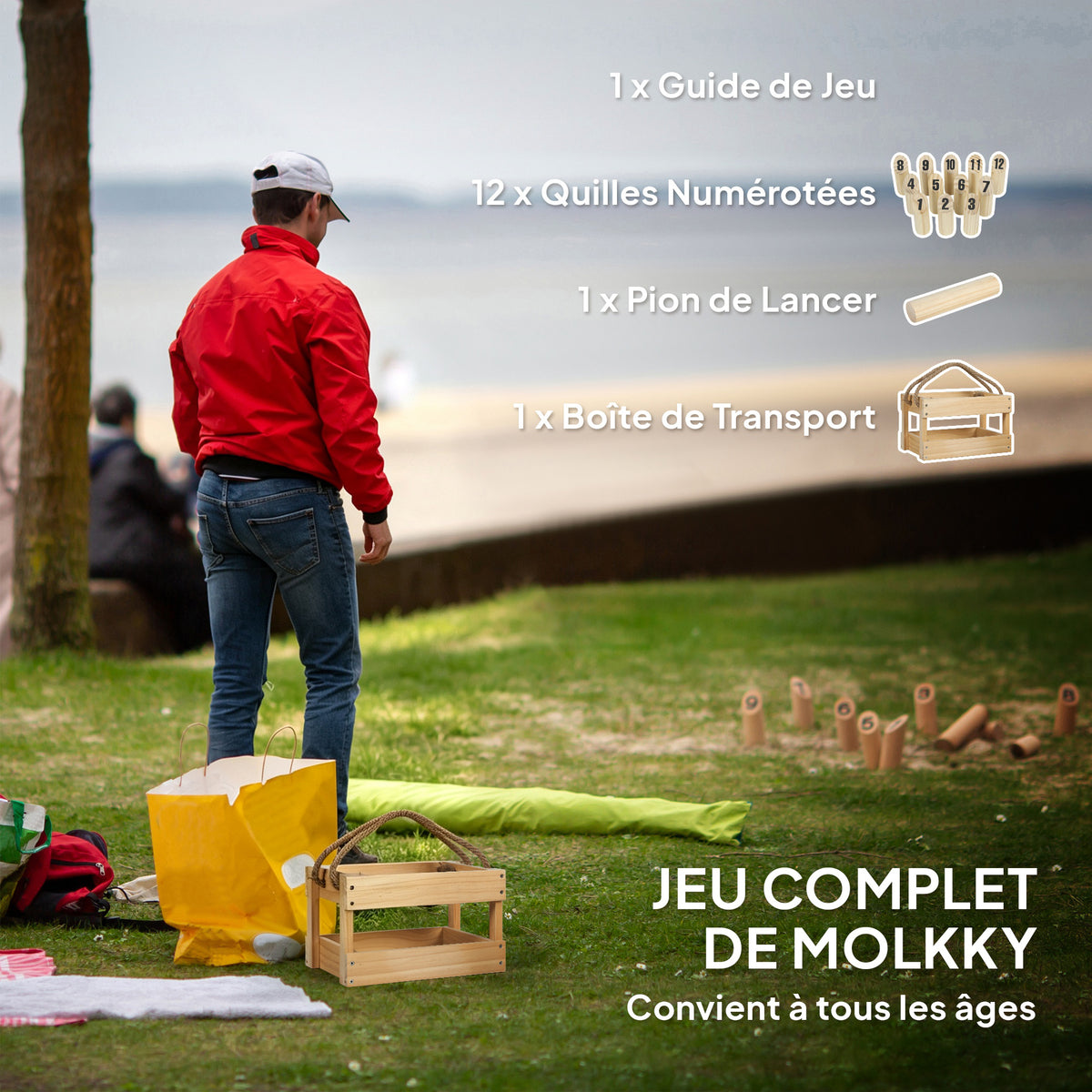 Jeu de quilles finlandaises, jeu de plein air en bois de pin 12 quilles 1 bâton 1 boîte de transport effet bois naturel-3