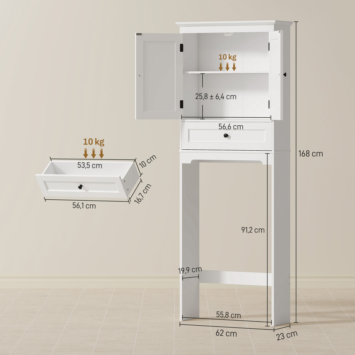 Meuble WC Rangement Dessus de Toilette, Meuble de Toilettes avec 2 Portes, Tiroir et Étagère Réglable, Blanc-2