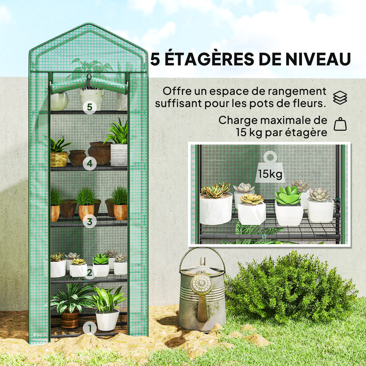 Serre de jardin balcon étagère serre 5 niveaux 0,69 x 0,49 x 1,93 m acier bâche amovible PE vert-4