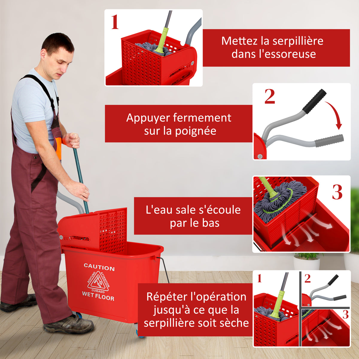 Chariot de nettoyage lavage seau de ménage 20 L avec essoreur et séparateur eau sale propre rouge 60L x 27l x 70,5H cm-5