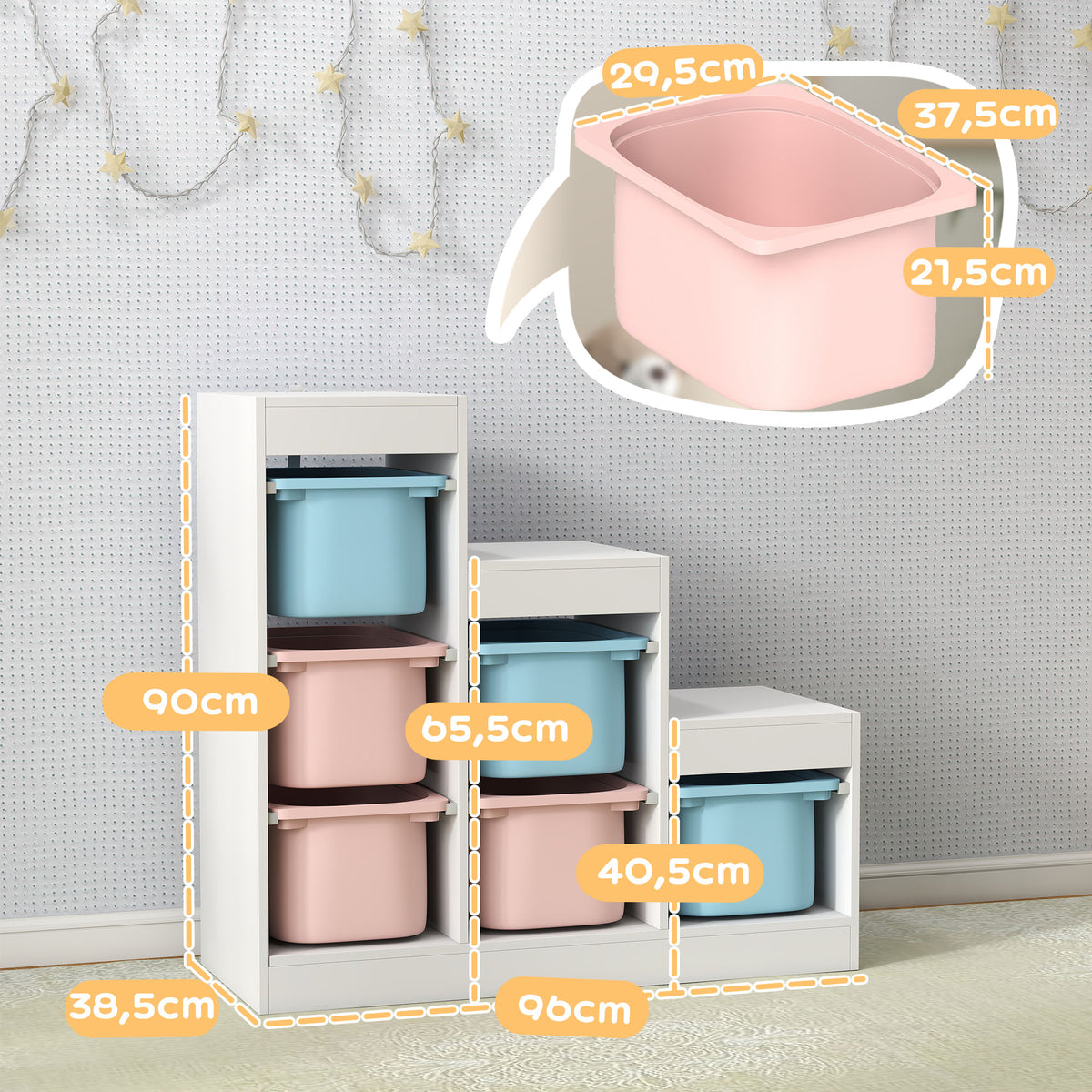 Meuble de rangement pour jouets des enfants avec 6 bacs amovibles, 3 niveaux de rangement, 96 x 38,5 x 90, multicolore-2