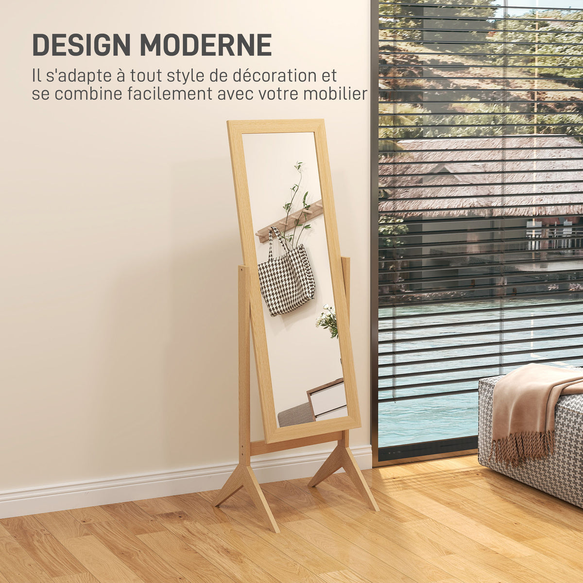 Miroir en pied grand miroir de sol inclinaison réglable pour dressing chambre 47 x 46 x 148 cm en chêne-4