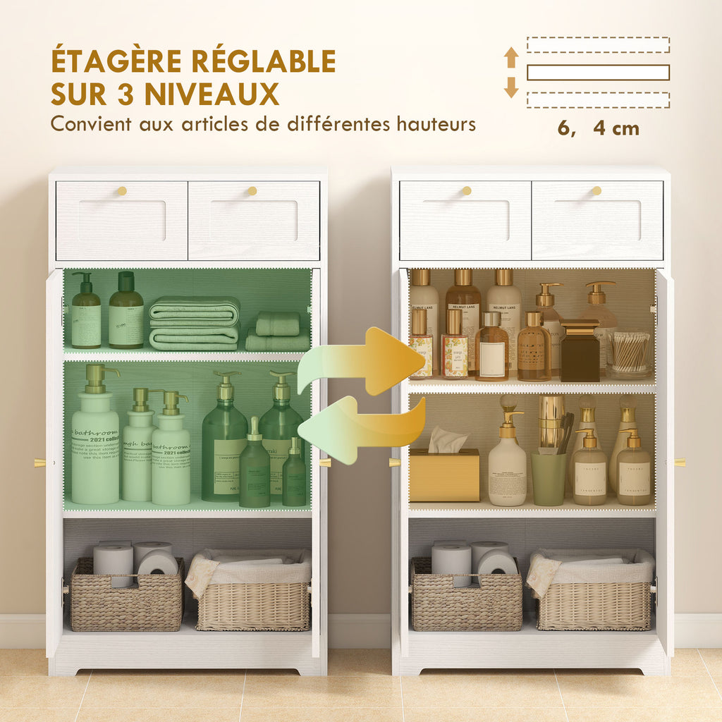 Meuble de salle de bain meuble de rangement avec 2 tiroirs double porte arquée étagères réglables 60x30x108cm blanc-4