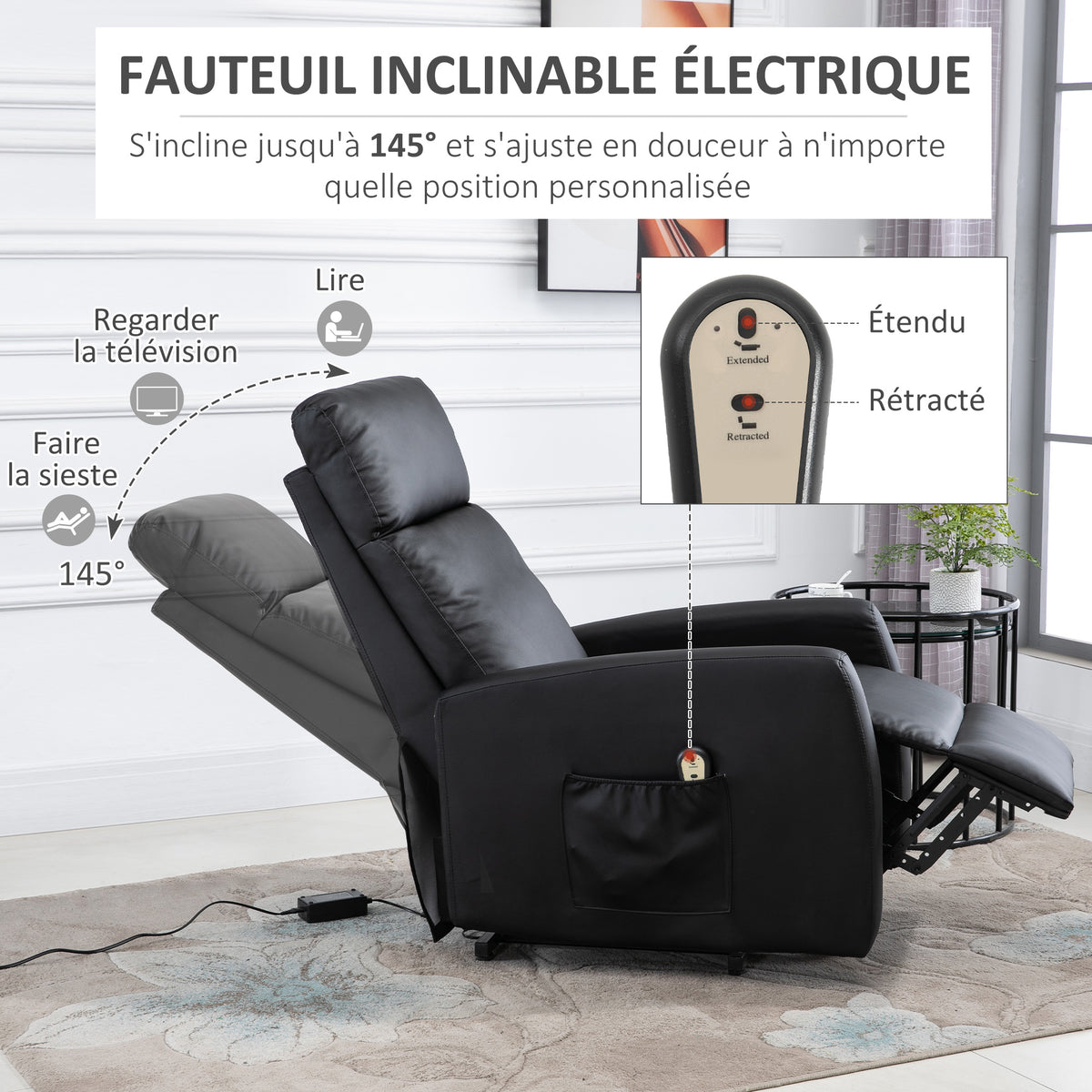 Fauteuil releveur électrique inclinable avec repose-pied ajustable et télécommande revêtement synthétique noir-5