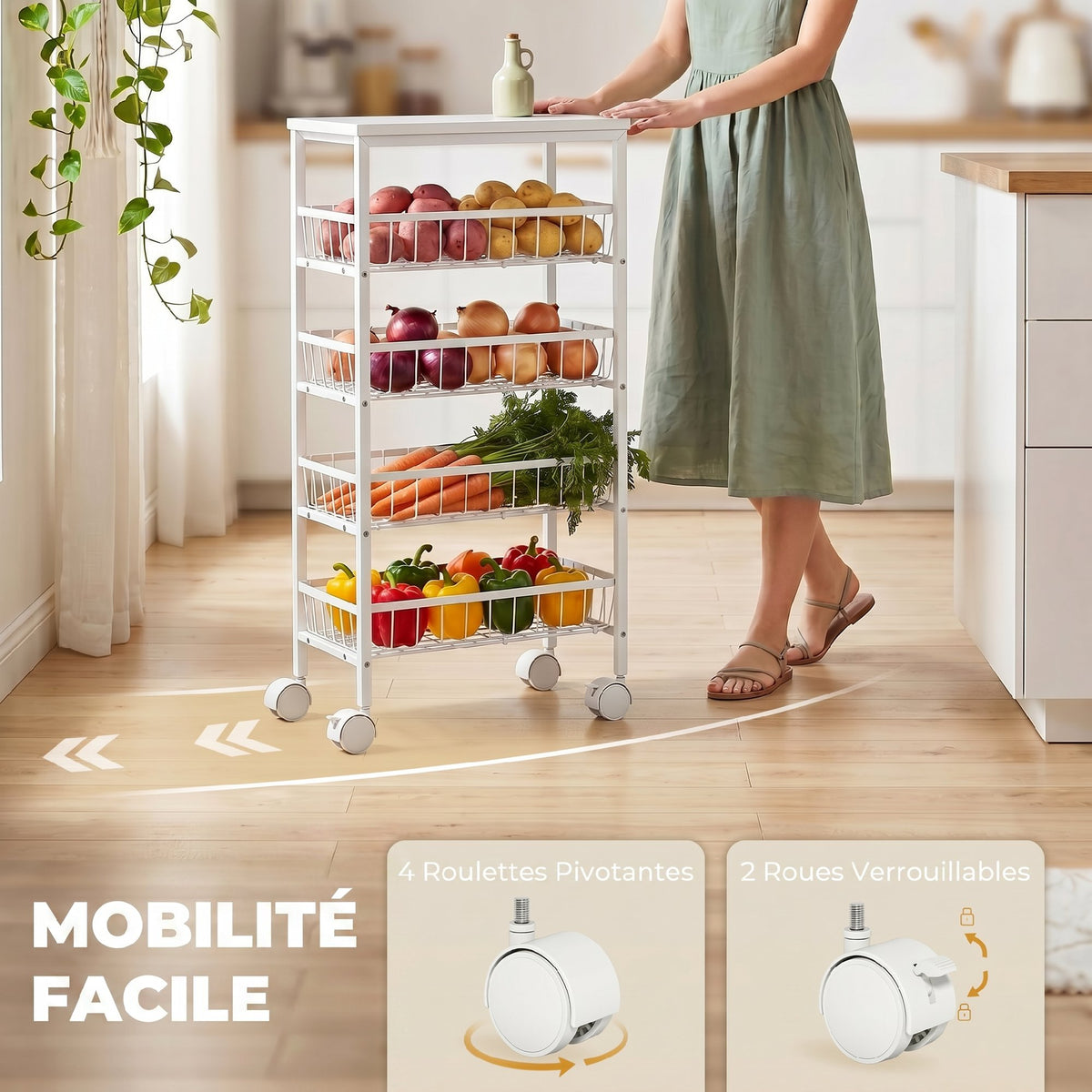 Chariot de rangement à 4 niveaux, desserte à roulettes avec paniers amovibles, cadre en métal, blanc-4