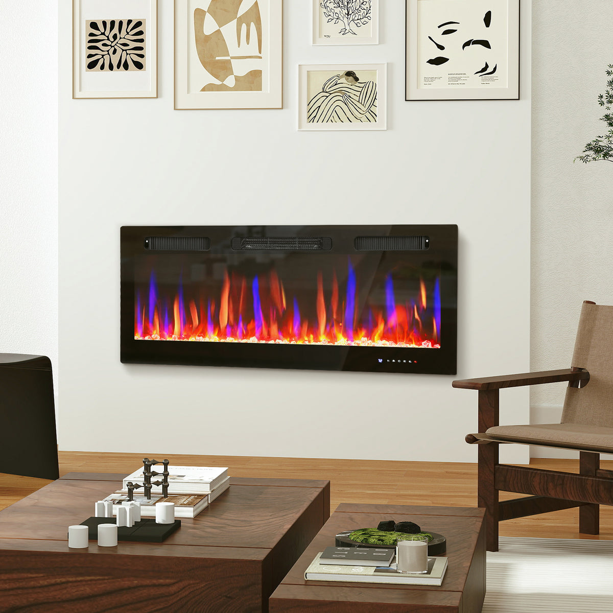 Cheminée électrique mural ou encastrable 900W/1800W, effet flamme à 12 couleurs 5 luminosités, 106,7x9,4x47cm, noir-1