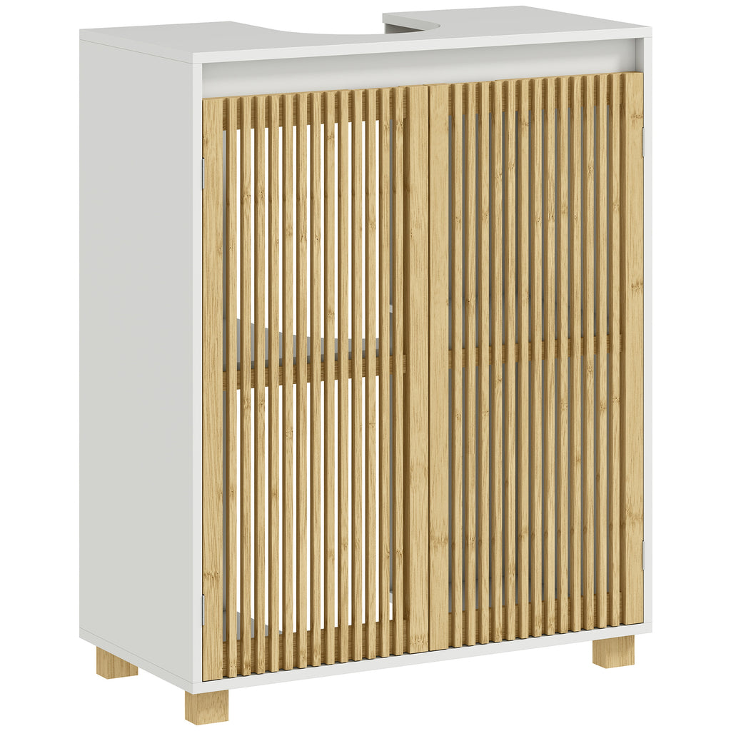 Meuble sous lavabo salle de bain - placard à portes à lattes en bambou, 60 x 30 x 75 cm, effet bois naturel-0
