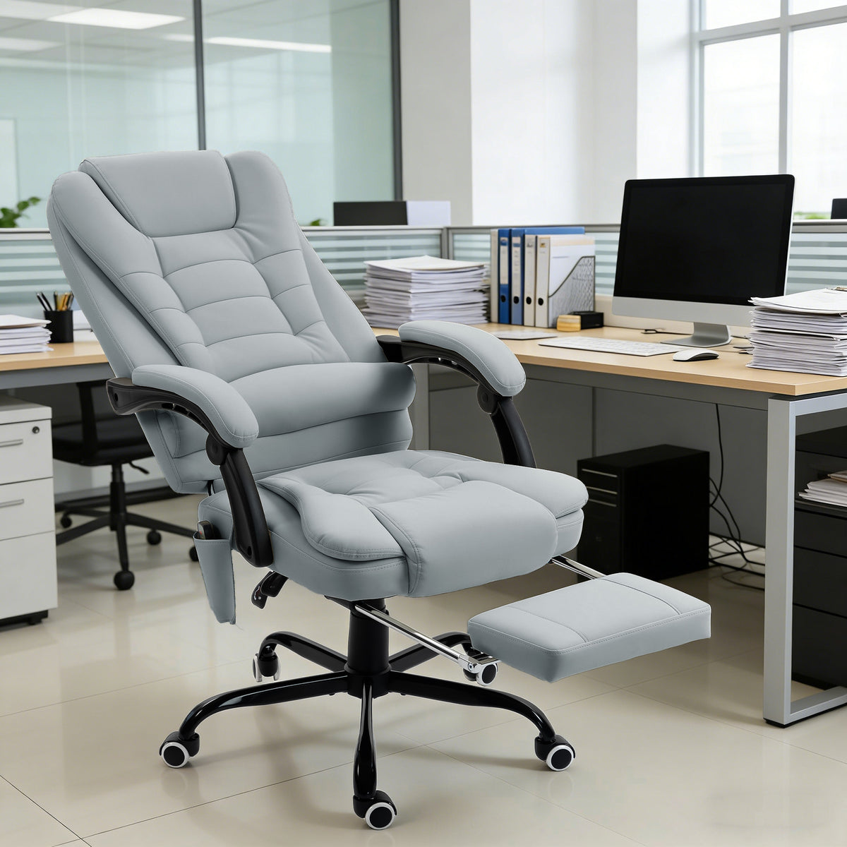 Fauteuil de bureau massant, chaise de bureau avec hauteur réglable, dossier inclinable et télécommande filaire, gris-9
