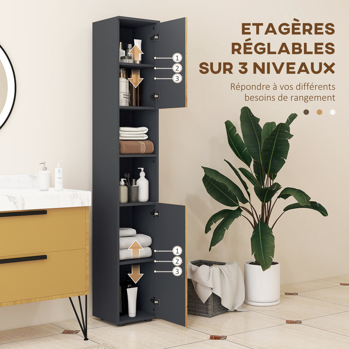 Meuble colonne armoire rangement salle de bain 2 portes étagère réglable 2 niches 30 x 30 x 183 cm chêne gris foncé-4