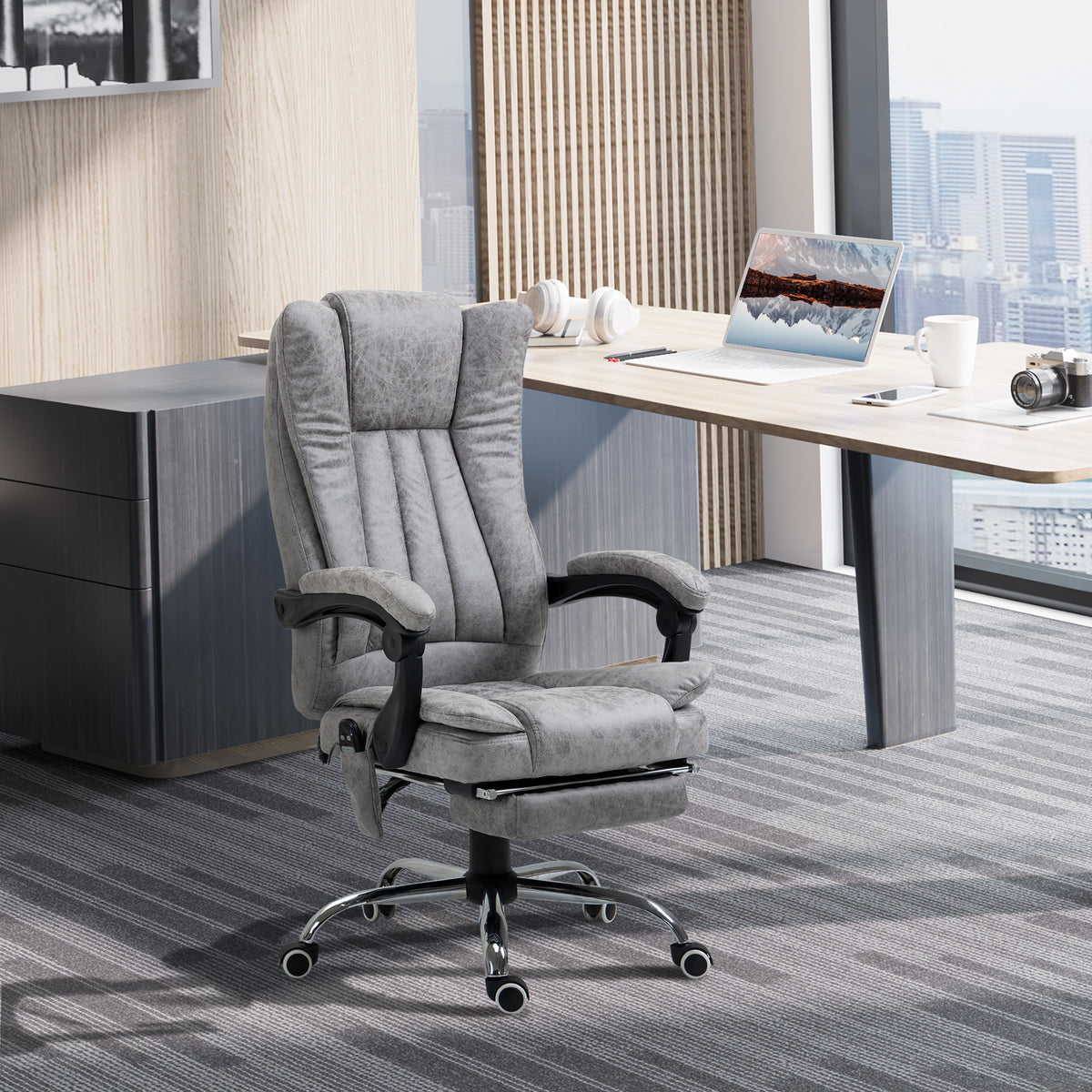 Fauteuil de bureau massant et chauffant, chaise de bureau, chaise ergonomique avec hauteur réglable, dossier inclinable, repose-pied et télécommande filaire, pivotant à 360°, gris-8