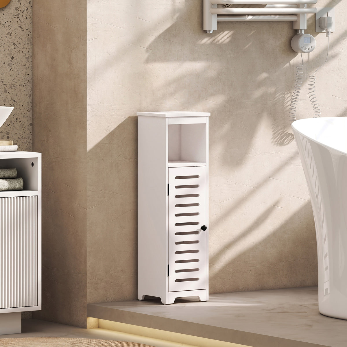Meuble salle de bain, armoire salle de bain 4 niveaux  porte persienne, étagère ouvert, 22x20x75cm, blanc-1