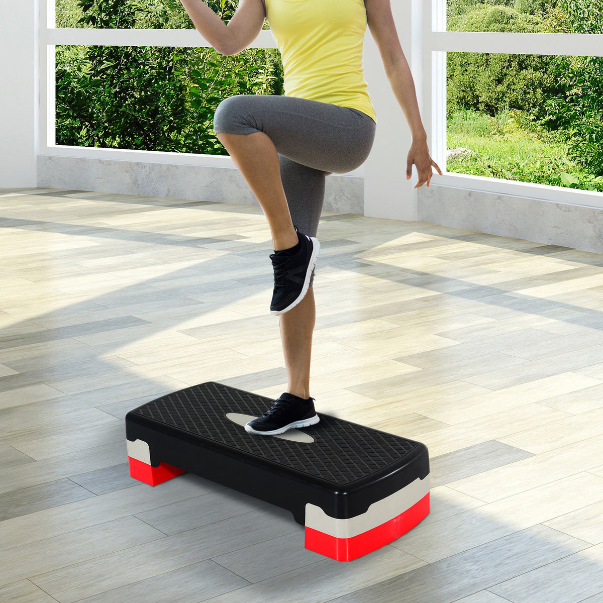 Stepper aerobic fitness hauteur reglable 2 niveaux surface antiderapante PP 68 x 29 x 15 cm rouge noir et gris-1