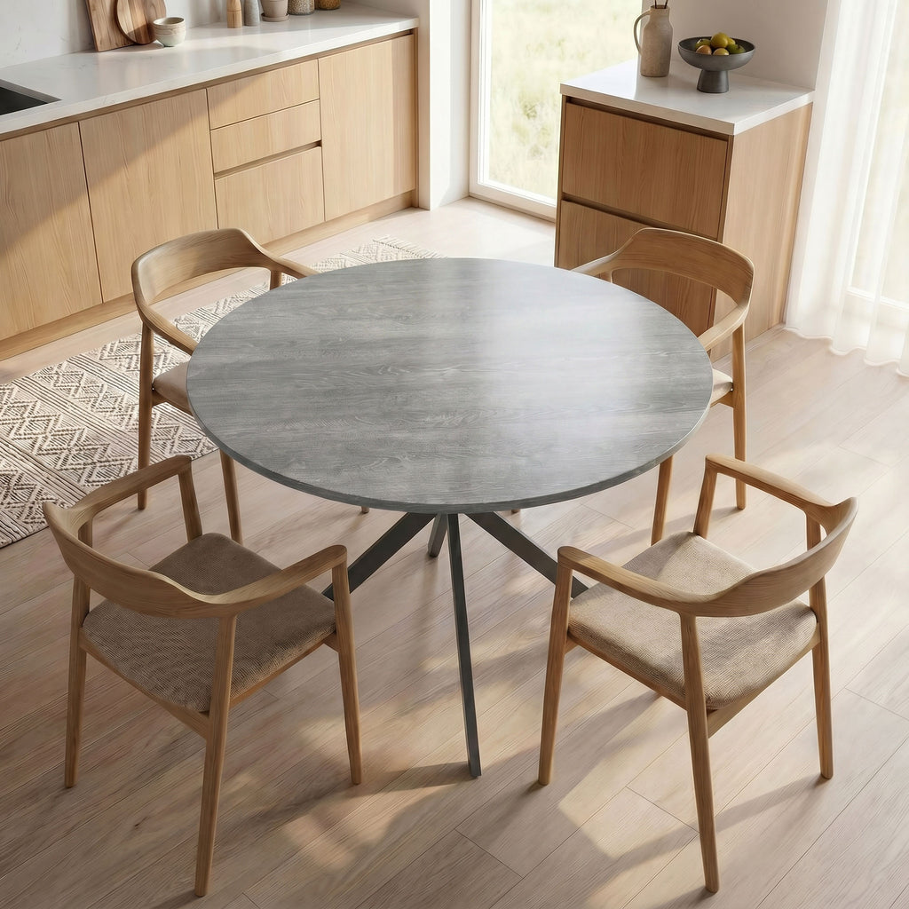 Table à Manger Ronde pour 4 Personnes 100 cm, Style Industriel avec Plateau Aspect Bois, Piètement Croisé en Acier, Gris-1
