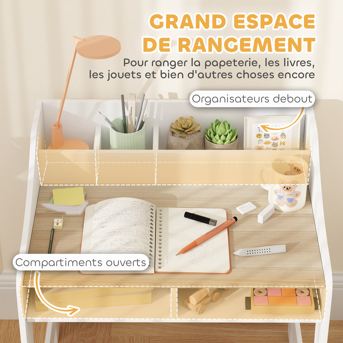 Ensemble bureau et chaise pour enfant 3 à 8 ans avec compartiments et étagères ouverts, effet bois naturel-4