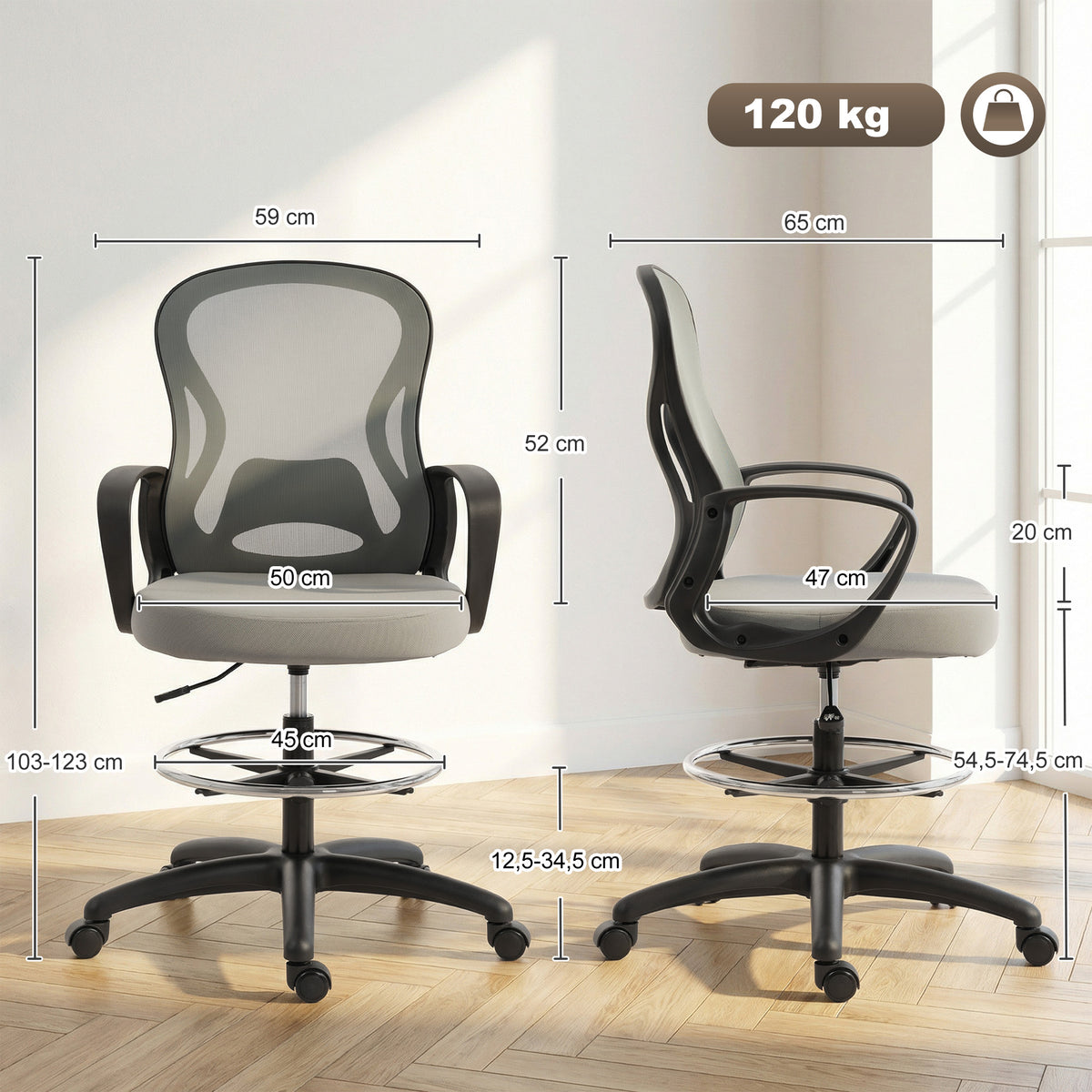 Chaise bureau ergonomique, fauteuil de bureau avec repose-pieds et accoudoirs, en maille, 59 x 65 x 123 cm, Gris-2