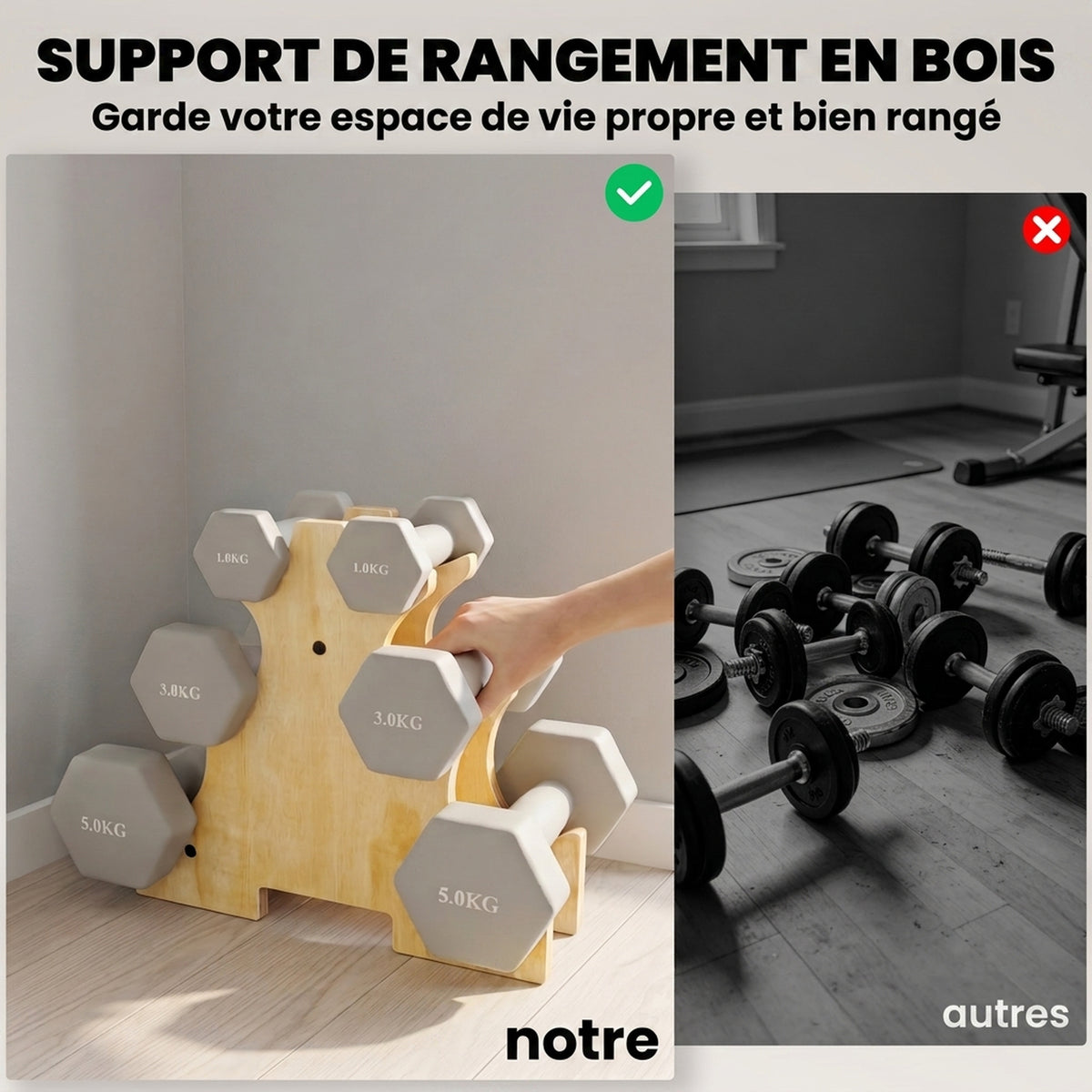 Lot de 3 Paires d'Haltères Hexagonaux Antidérapants 18 kg en Fonte, Revêtement PVC, avec Support en Bois, Gris Clair-4