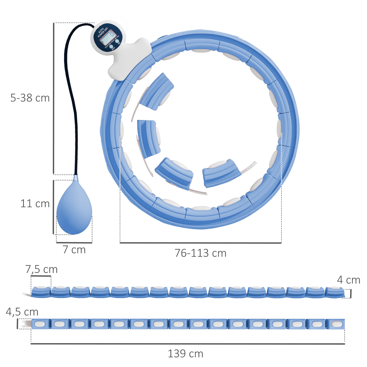 Hula Hoop Cerceau avec Picots de Massage ajustable de 76 à 113 cm de tour de taille 16 segments amovibles, bleu clair-2