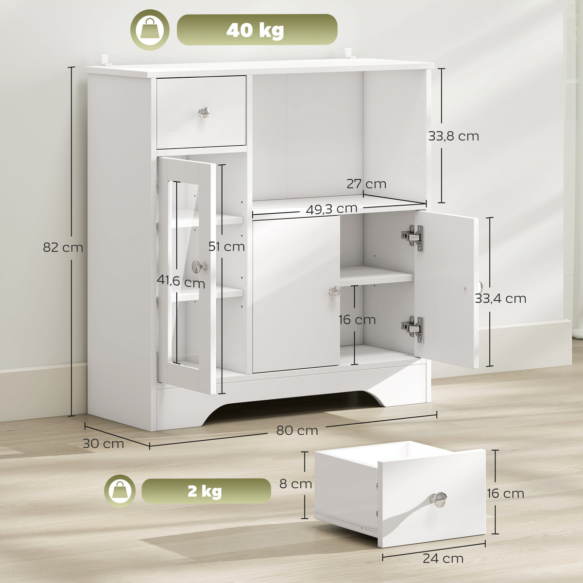 Buffet de cuisine moderne avec porte en verre, tiroir, grande niche et étagères réglables 80 x 30 x 82 cm blanc-2