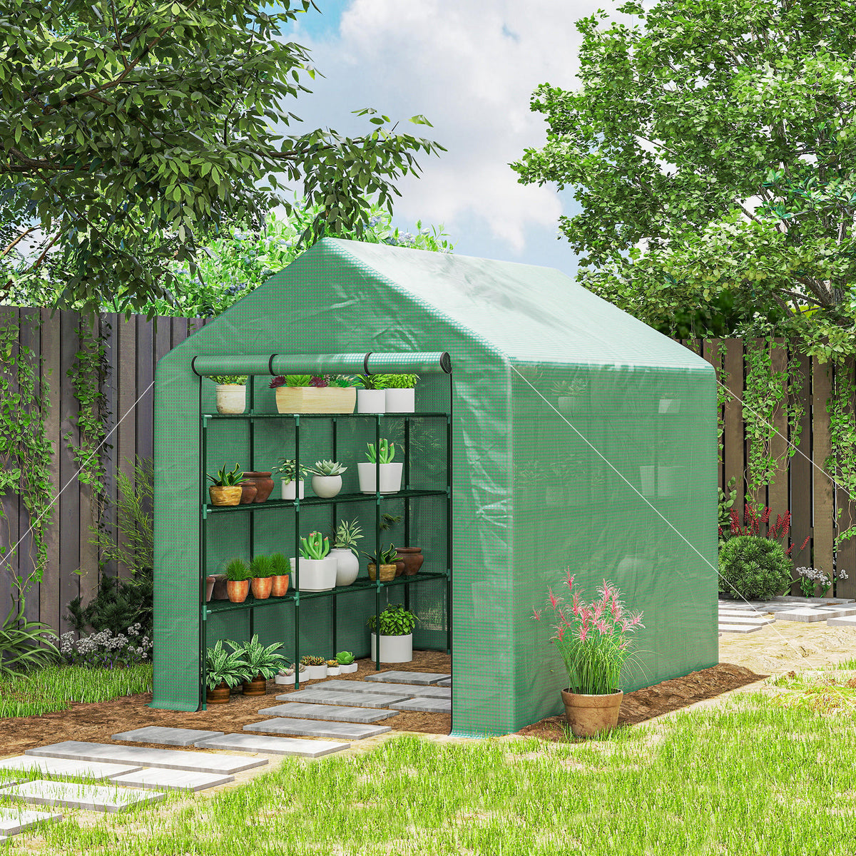 Serre de jardin serre d'hivernage avec étagères 3 niveaux porte enroulable tube en acier 244 x 180 x 210 cm vert-1