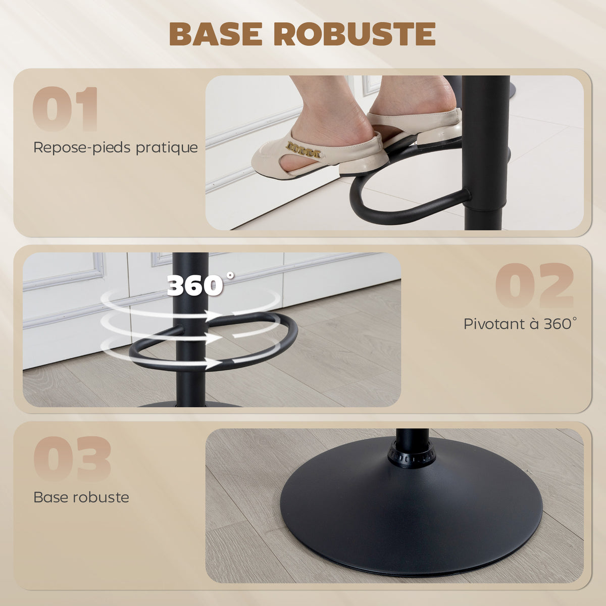 Lot de 2 tabourets de bar Vintage capitonné - pivotant, réglable - repose-pied - revêtement synthétique crème-4