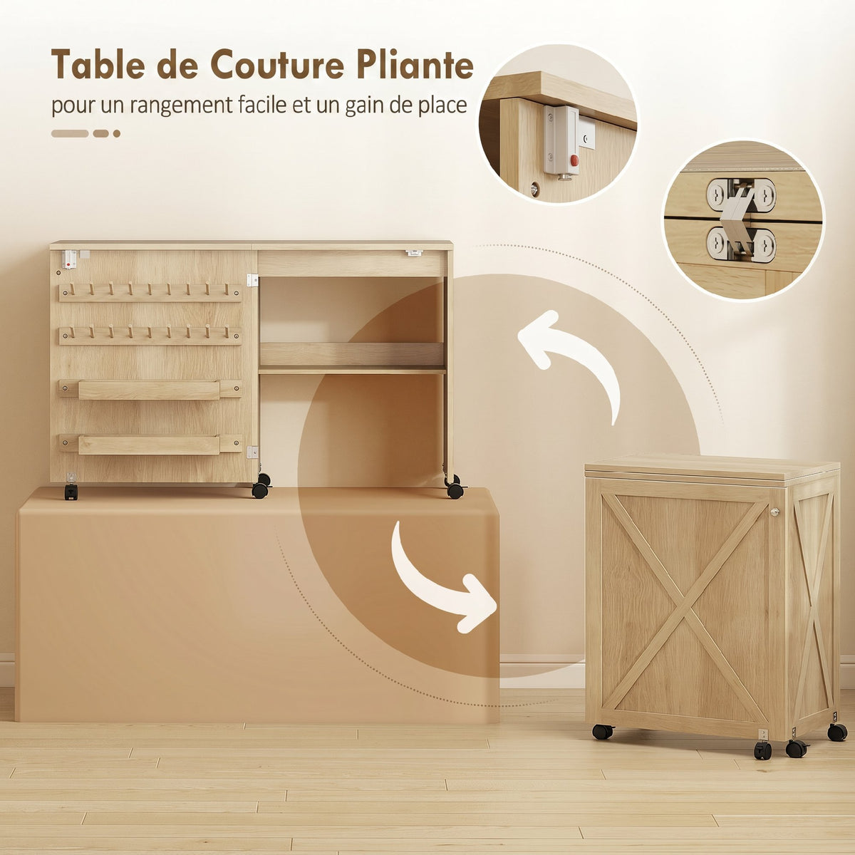Table de Couture Pliante, Meuble Couture Roulant, Porte Magnétique de Grange, 2 Bacs, Étagère, 18 Chevilles, Naturel-4