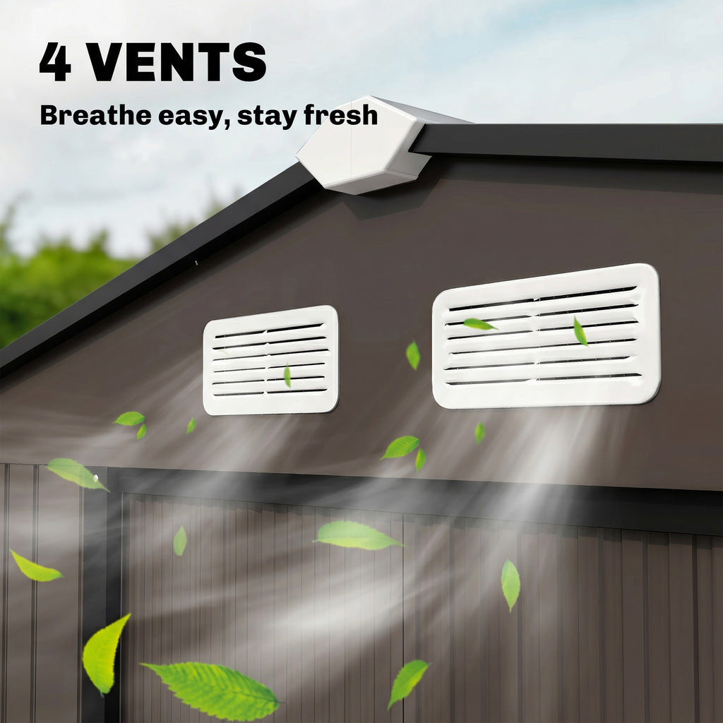 Abri de jardin 5,4 m² 2,77 x 1,95 x 1,92 m kit de fondation porte coulissante ventilations acier galvanisé, marron-8