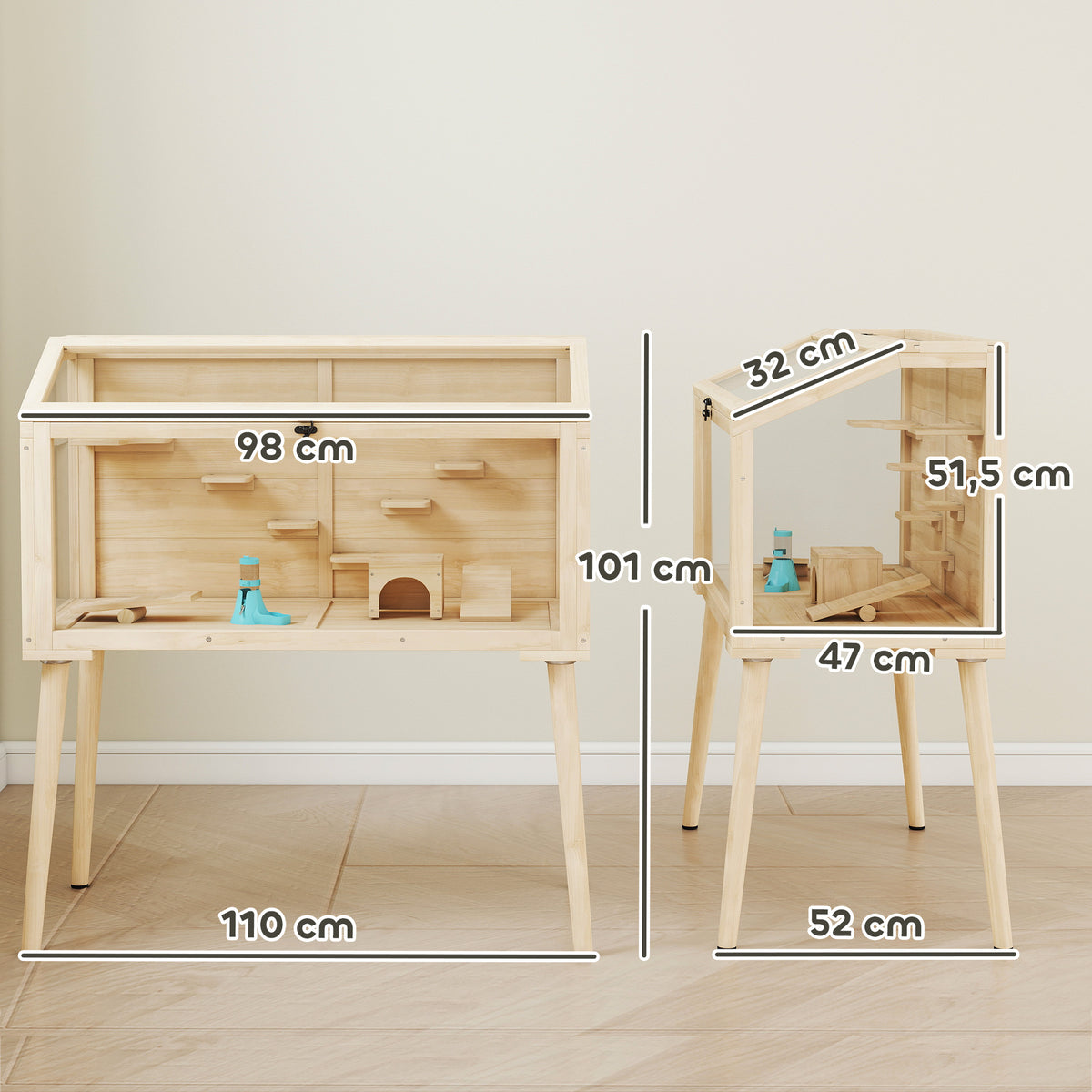 Cage hamster habitats pour rongeur bois toit ouvrable 7 plateformes 2 balançoires 110x52x101cm effet bois naturel-2