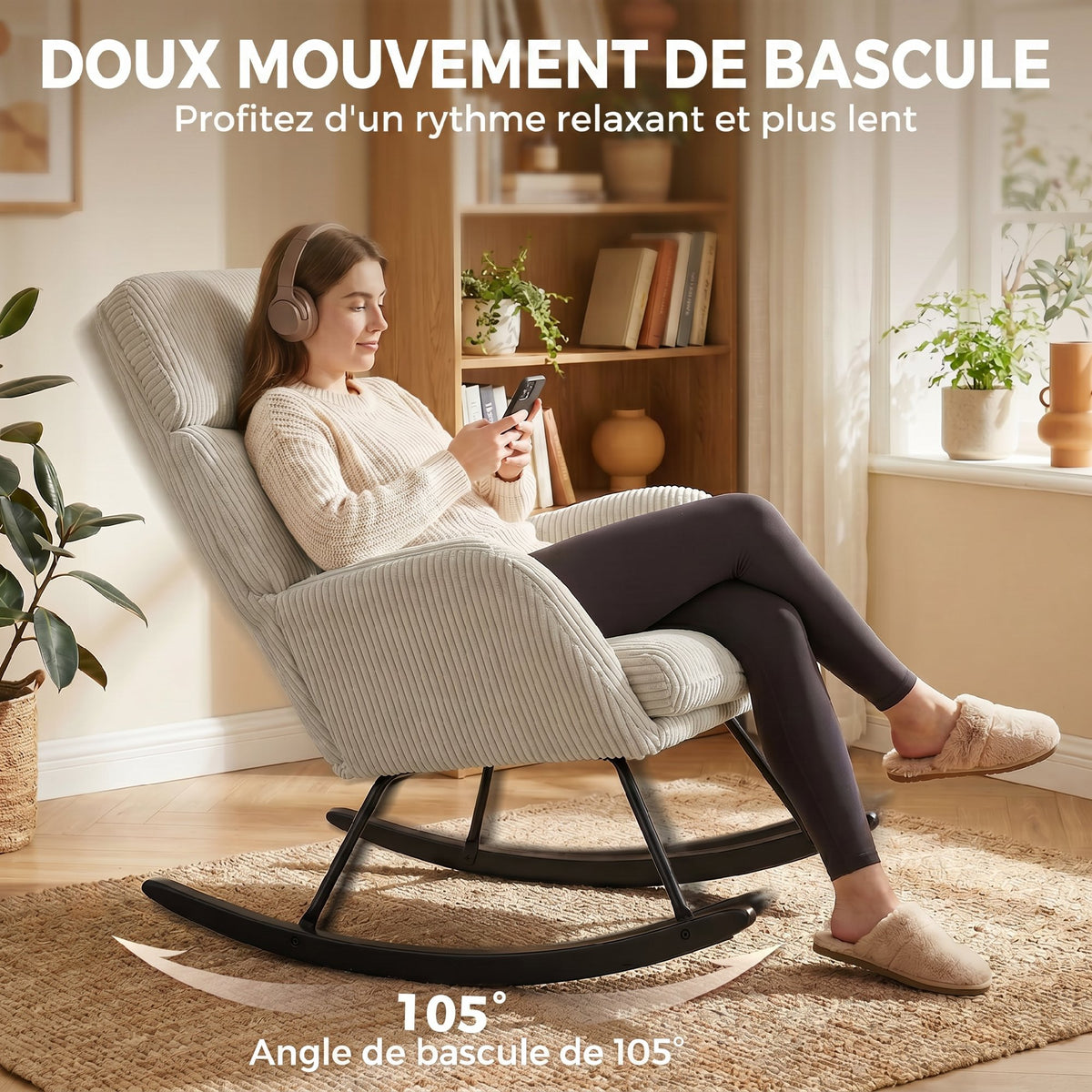 Fauteuil à Bascule, Rocking Chair en Velours Côtelé avec Dossier Haut et Accoudoirs, Pieds en Bois d'hévéa, Beige-3