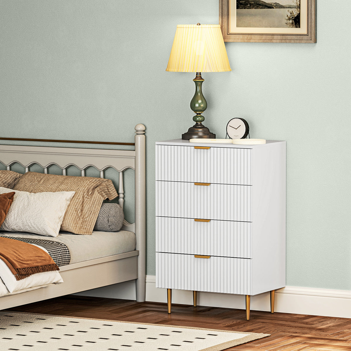 Commode 4 tiroirs commode chambre meuble de rangement moderne avec poignées et pieds dorés, dim. 60 x 40 x 96 cm, blanc-9
